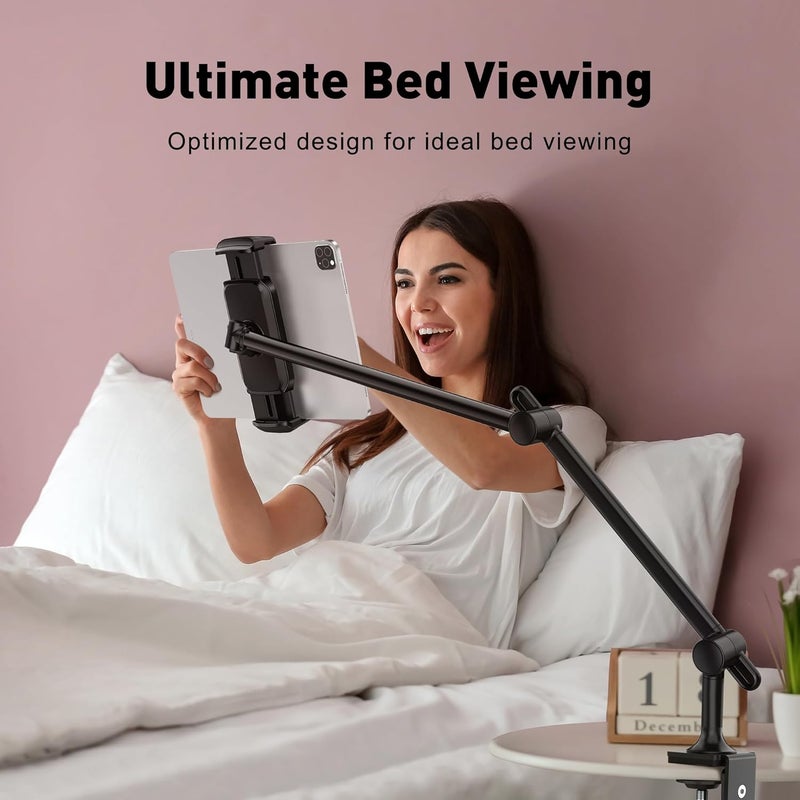 AboveTEK Tablet Stand Holder for Desk & Bed, Aluminum iPad Holder Arm with 360° Rotating Clamp, Adjustable Phone Stand Compatible with 4.7"-13.5" iPad Pro/Air/Mini, iPhone, Galaxy Tab- Black - Image 2